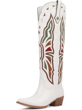 Women's White Knee High Chunky Heel Butterfly Cowgirl Boot Wide Calf Pointed Toe